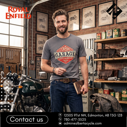 Royal Enfield "Custom Bikes Garage" Tee, Charcoal