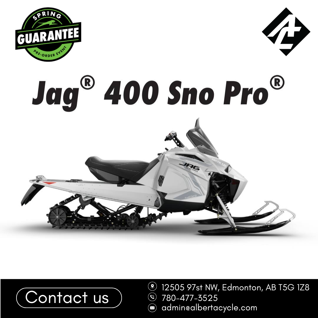 Jag 400 Sno Pro arctic cat snowmobile on a white background with branding and contact information.