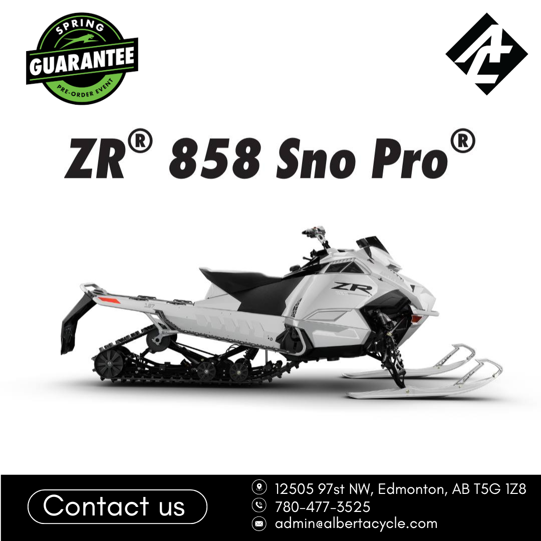 ZR 858 Sno Pro Arctic Cat snowmobile on a white background with branding and contact information.