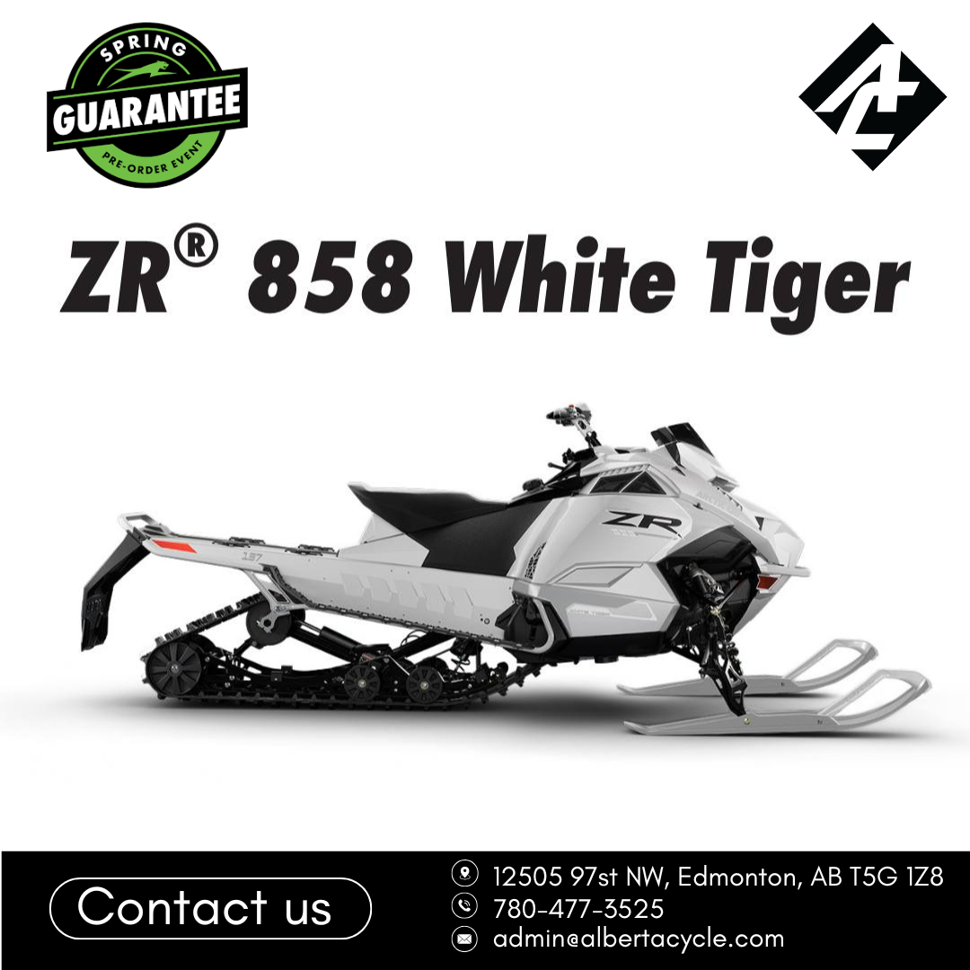ZR 858 White Tiger Arctic Cat snowmobile with branding and contact information on a white background