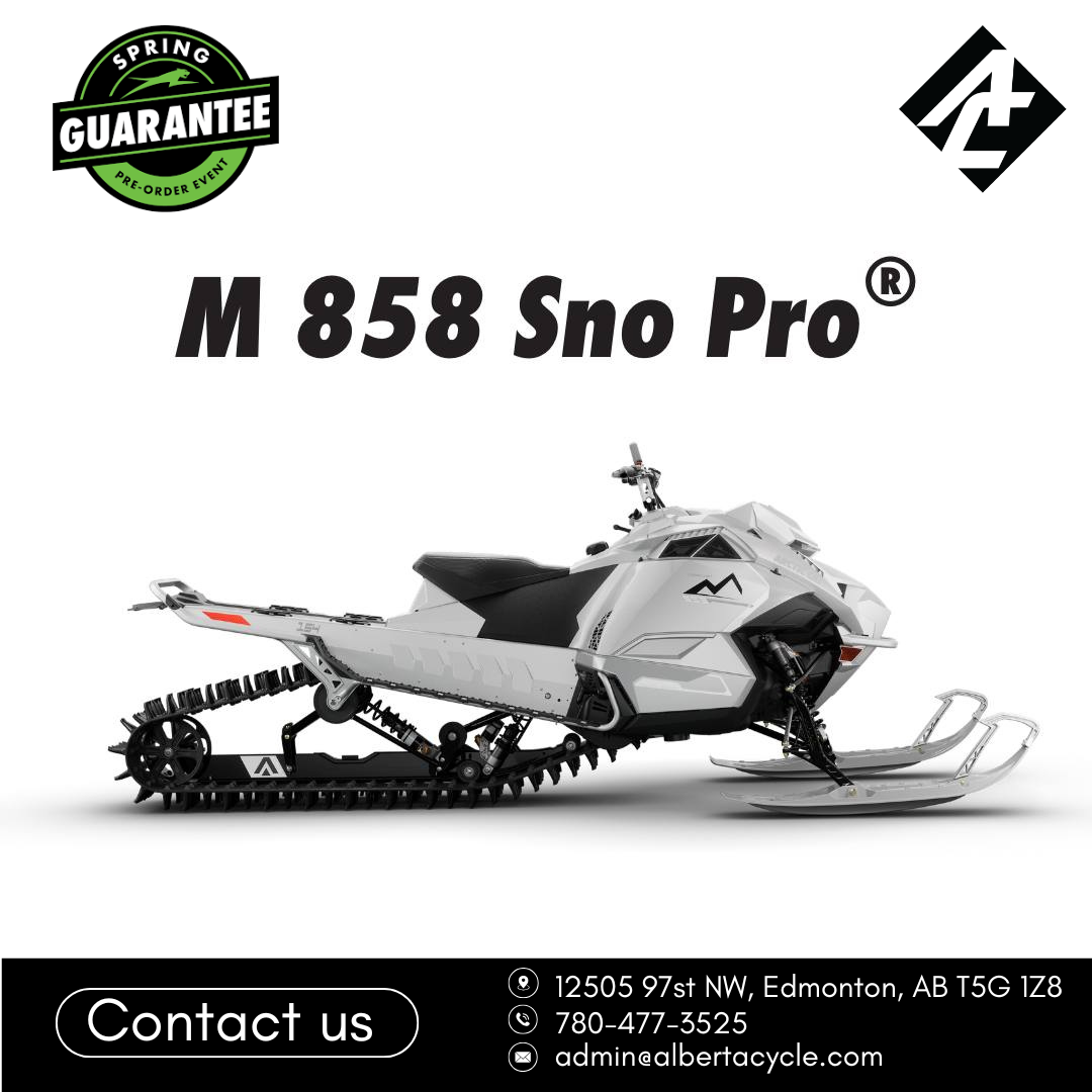 M 858 Sno Pro Arctic Cat snowmobile with branding and contact information on a white background