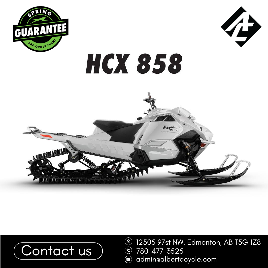 Arctic Cat  Snowmobile model HCX 858 with contact information on a white background